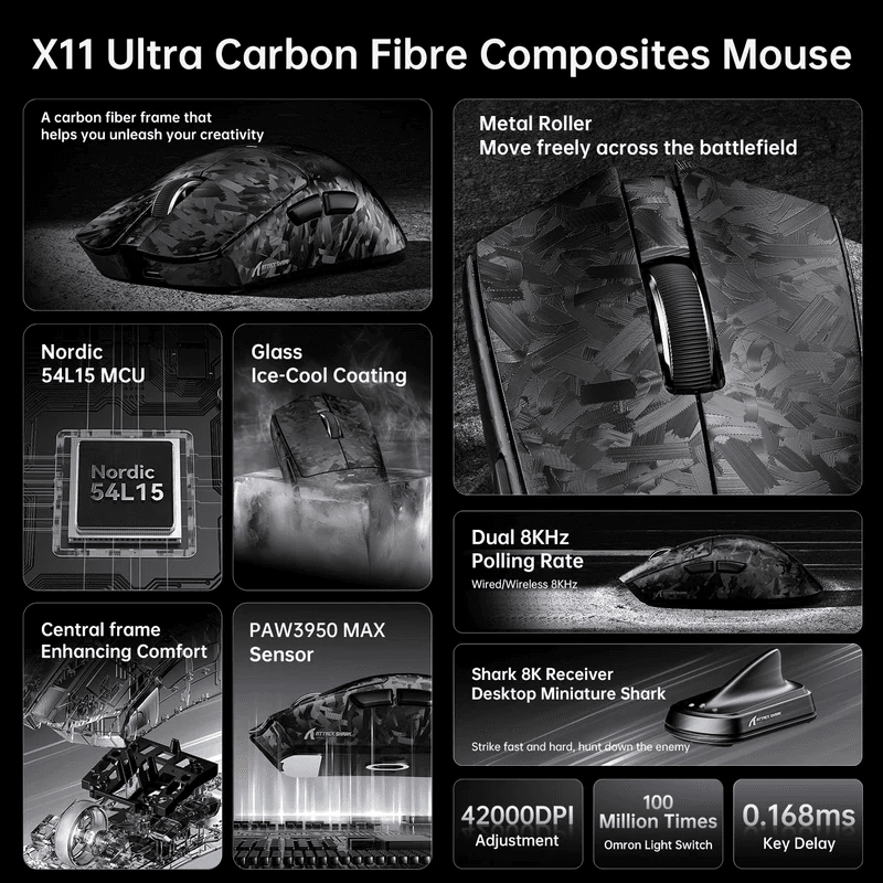 ATTACK SHARK X11 ULTRA Carbon Fiber Wireless 8K PAW3950MAX Gaming Mouse image 3