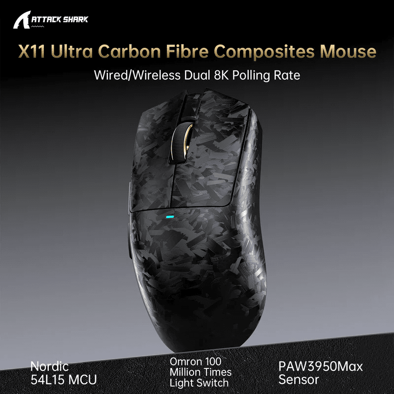 ATTACK SHARK X11 ULTRA Carbon Fiber Wireless 8K PAW3950MAX Gaming Mouse image 1